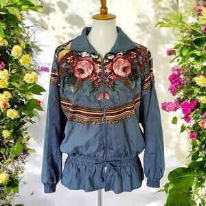 Vintage 80s/90s Windbreaker Floral Full Zip Swooshie Jacket S Small Teal Blue
